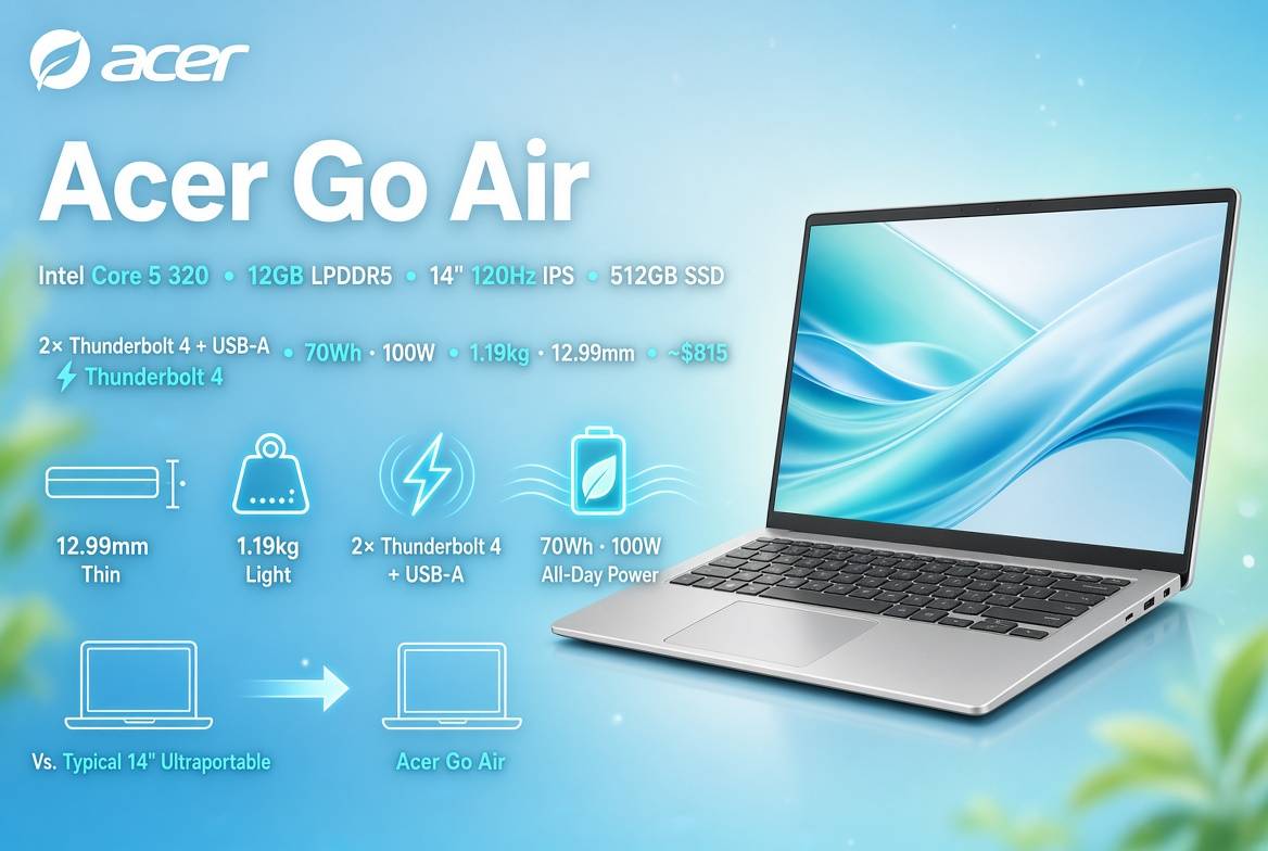 ایسر Go Air با نمایشگر ۱۲۰ هرتز و رم ۱۲ گیگابایت؛ رقیبی برای مک‌بوک نئو